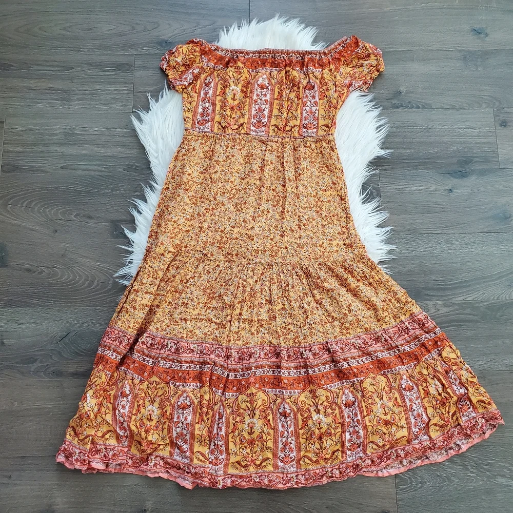 Arnhem Mimosa Orange Yellow Island Off Shoulder Midi Dress - Picture 7 of 7